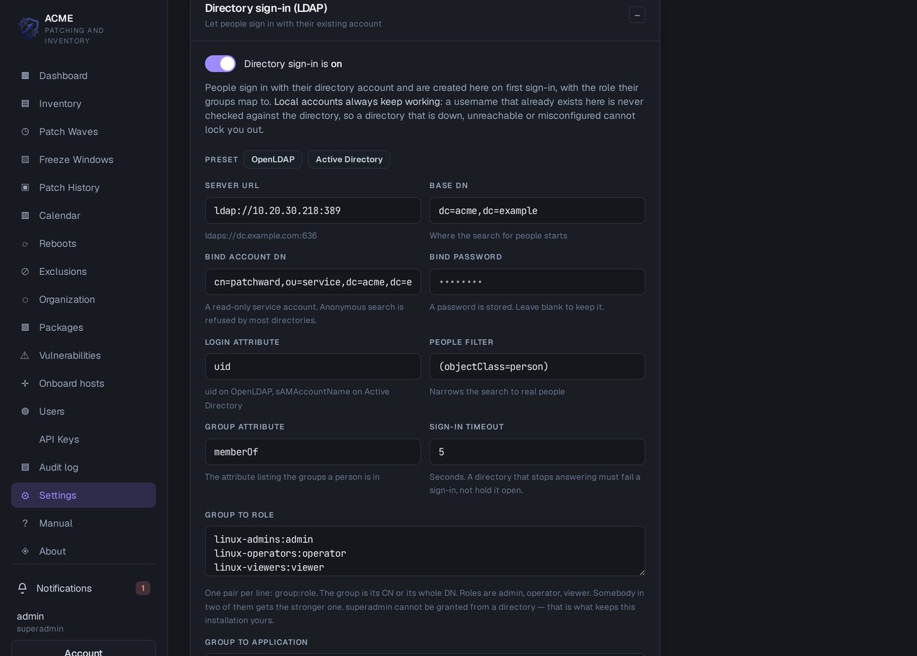 Directory sign-in settings